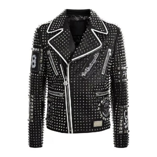 Black-Studded-Patches-Leather-Jacket-White-Contrast-Zipper-Biker-600x600-1.jpg Giacca da motociclista in pelle nera con borchie decorate