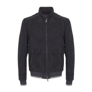 Giacca da motociclista in pelle scamosciata blu navy da uomo