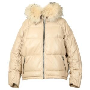 Giacca imbottita in vera pelle di pecora con cappuccio staccabile da donna