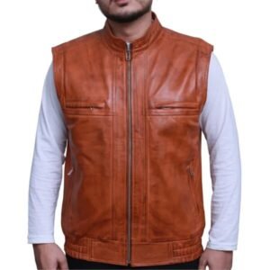 Gilet in pelle marrone da motociclista rocker da uomo alla moda