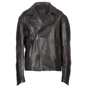 Giacca da motociclista in pelle di pecora con spalle imbottite da uomo, nera