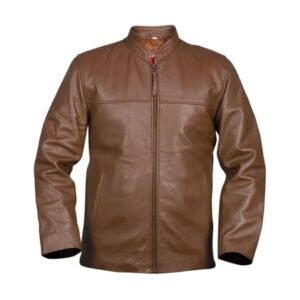 Giacca casual in pelle da motociclista da uomo marrone chiaro