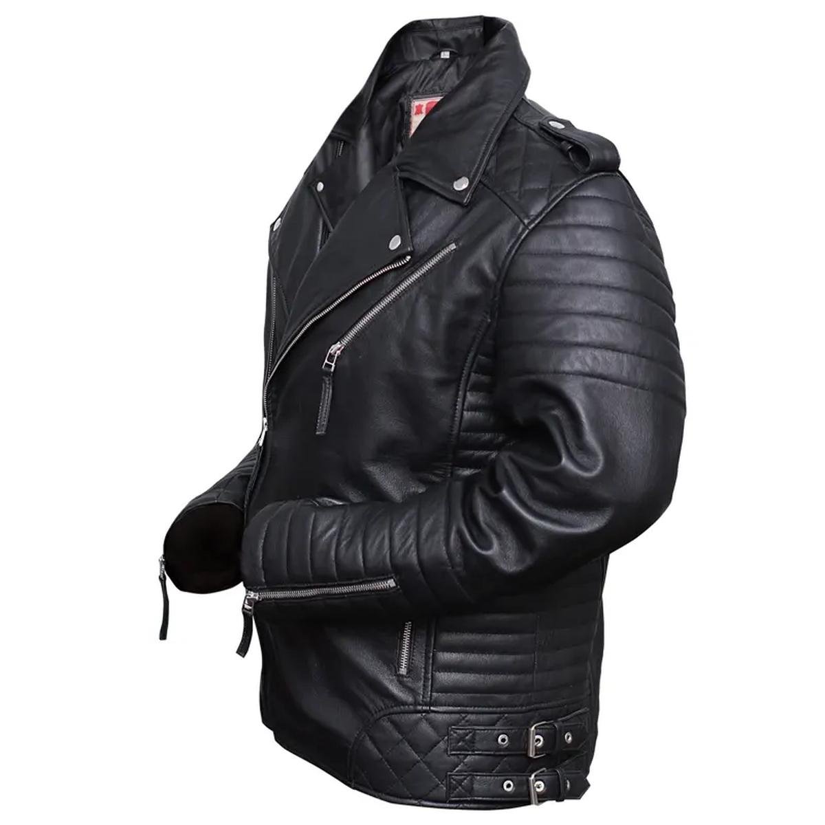 Men-Black-Brando-Motorcycle-Leather-Jacket-With-Shoulder-Epaulets-.jpeg Giacca da motociclista in pelle con design a diamante nero da uomo