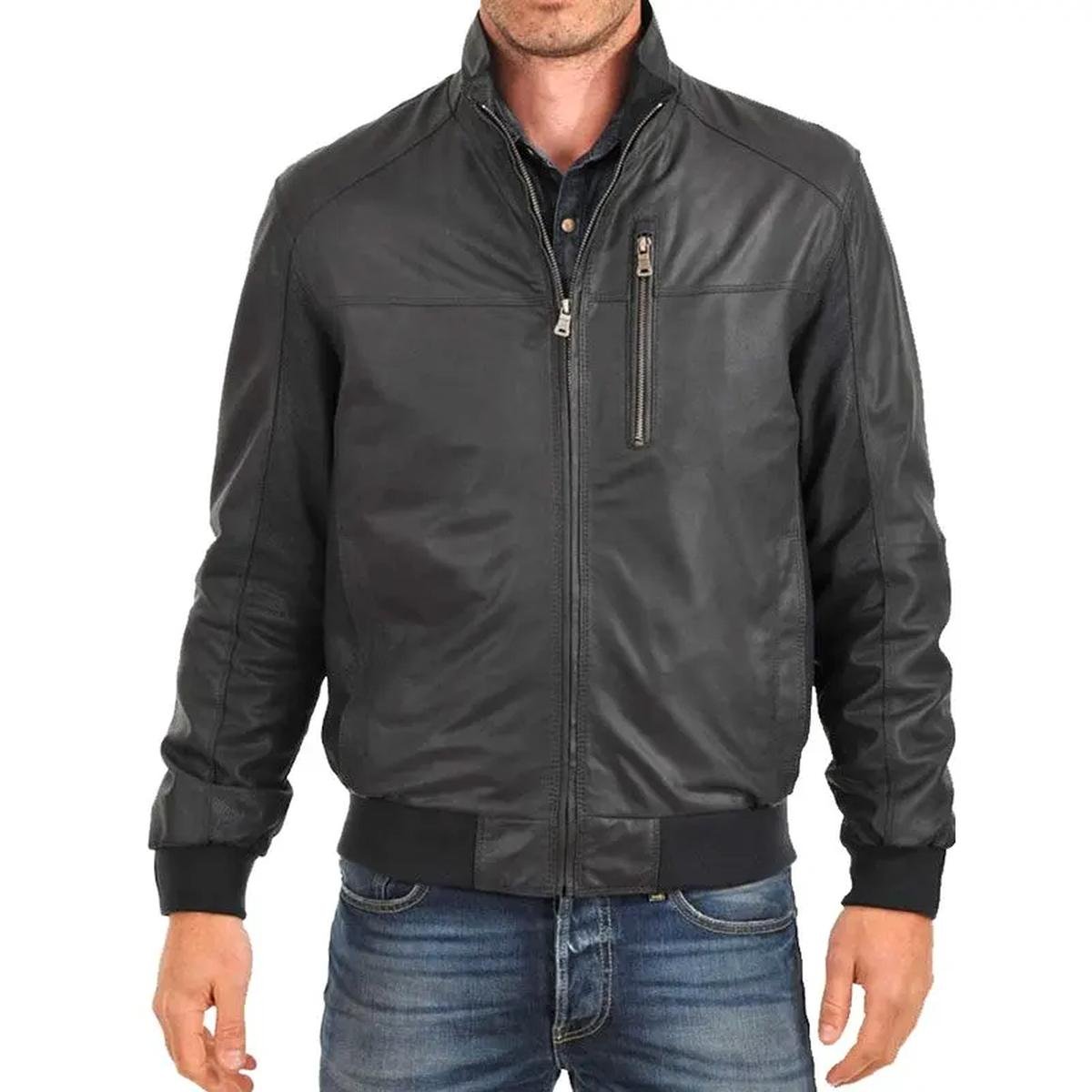 Men-Standing-Collar-Leather-Bomber-Jacket.jpeg Giubbotto bomber in pelle con colletto rialzato da uomo