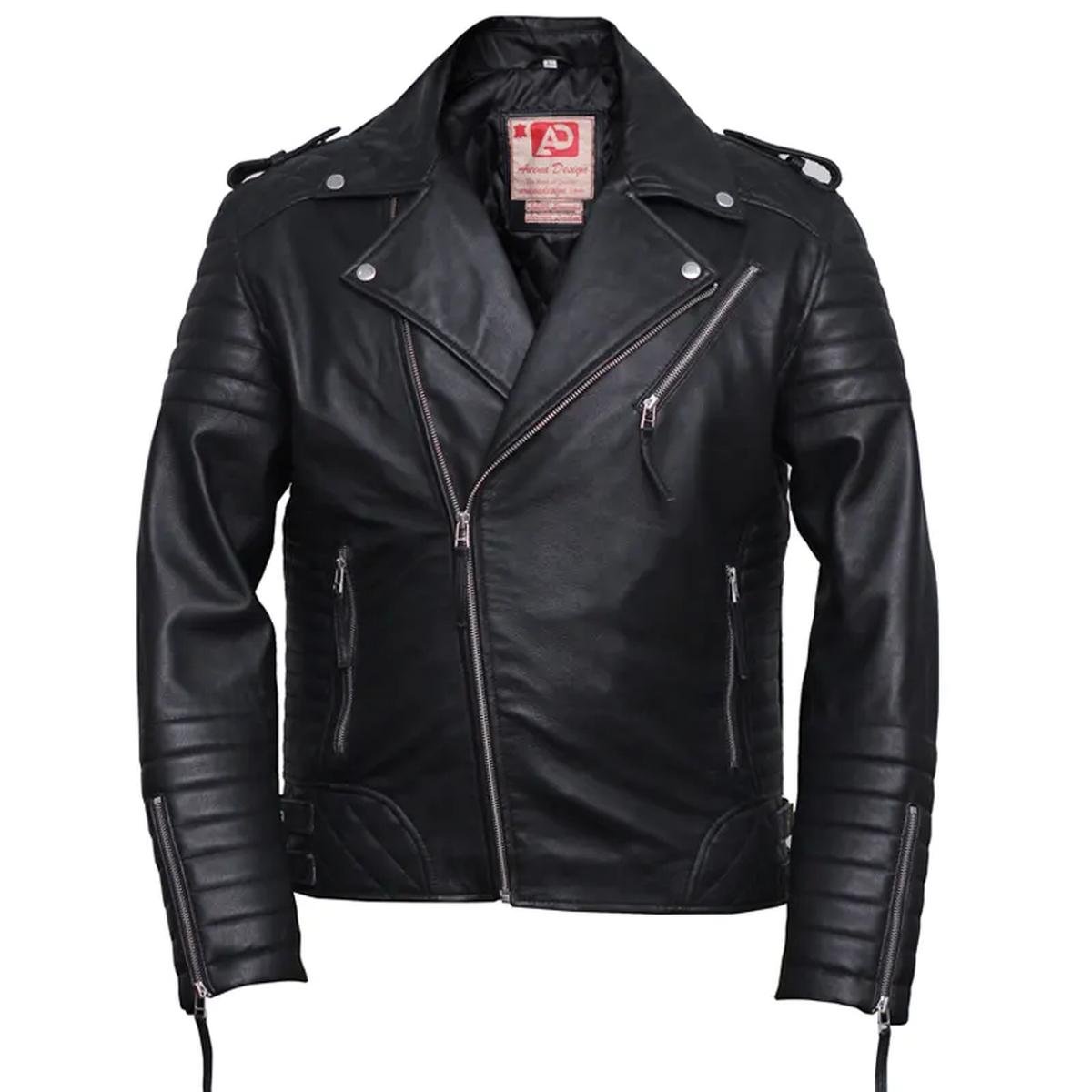 Mens-Black-Brando-Diamond-Design-Motorcycle-Leather-Jacket.jpeg Giacca da motociclista in pelle con design a diamante nero da uomo