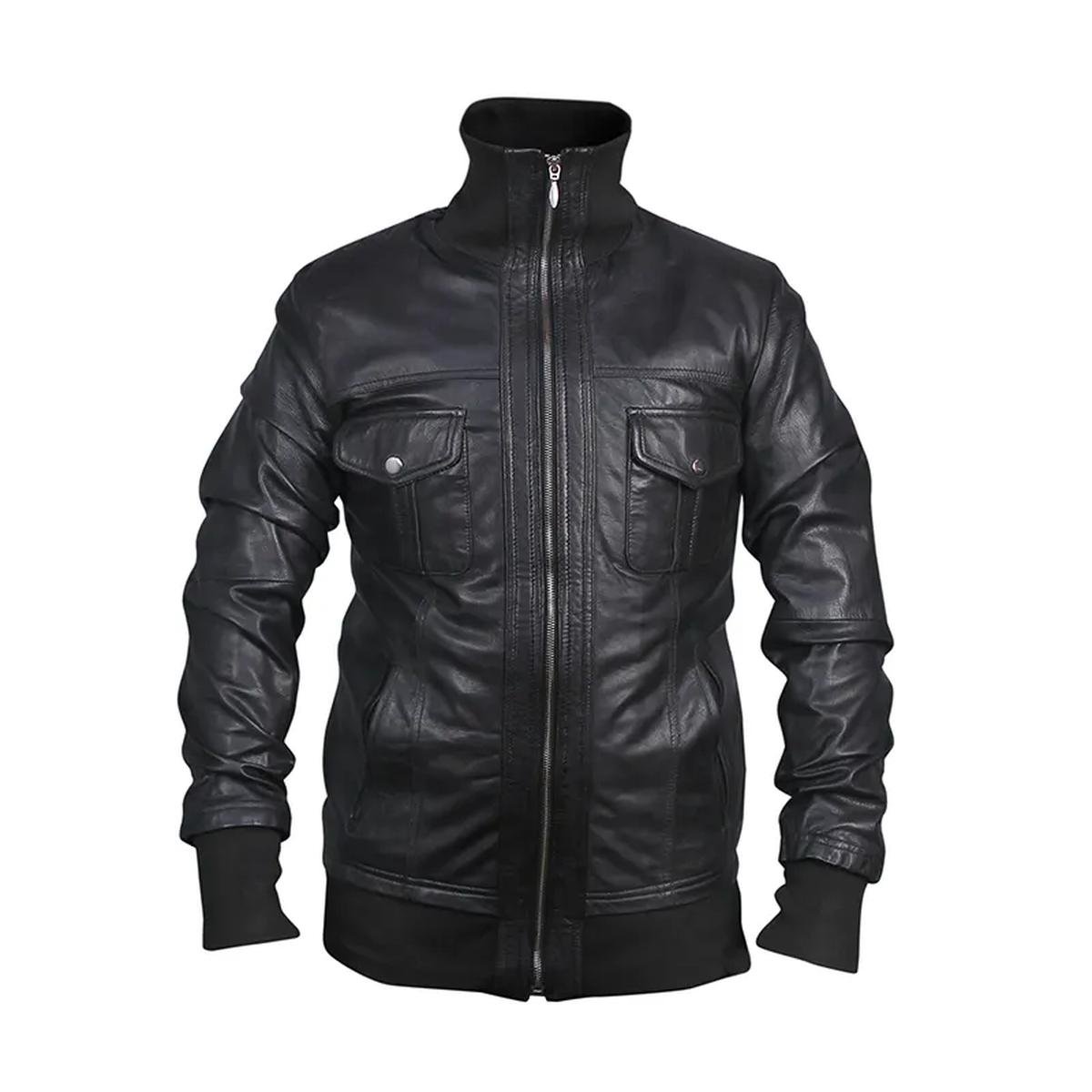 Mens-Black-Slim-Fit-Bomber-Biker-Leather-Jacket.jpeg Giacca da motociclista in pelle nera slim fit da uomo