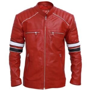 Giacca in pelle a righe rosse stile Café Racer da uomo