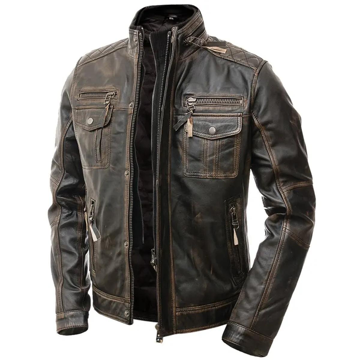 Mens-Motorcycle-Distressed-Brown-Cafe-Racer-Leather-Jacket.jpeg Giacca da motociclista in pelle marrone anticata da uomo, modello Café Racer