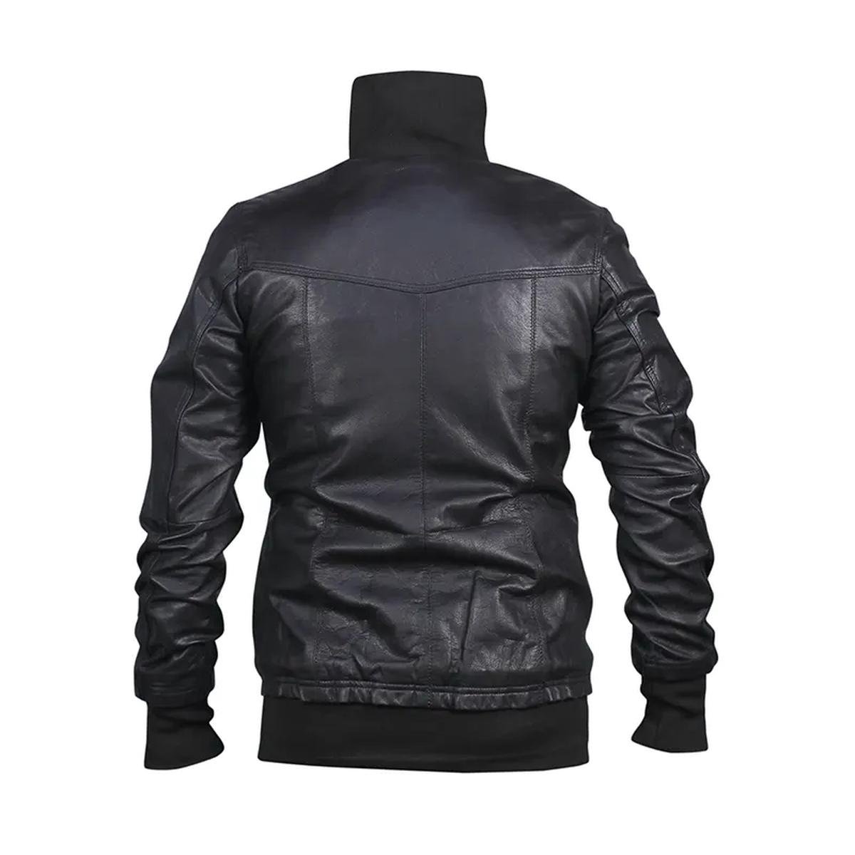 Mens-Stand-Collar-Black-Bomber-Leather-Jacket.jpeg Giacca da motociclista in pelle nera slim fit da uomo