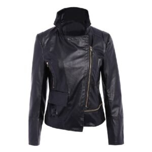 Giacca da donna in pelle nera slim fit asimmetrica Mid-Night