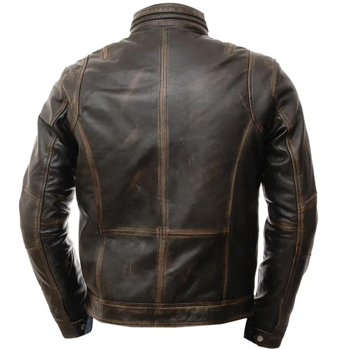 Real-lambskin-casual-motorcycle-style-leather-jacket.jpeg Giacca da motociclista in pelle marrone anticata da uomo, modello Café Racer