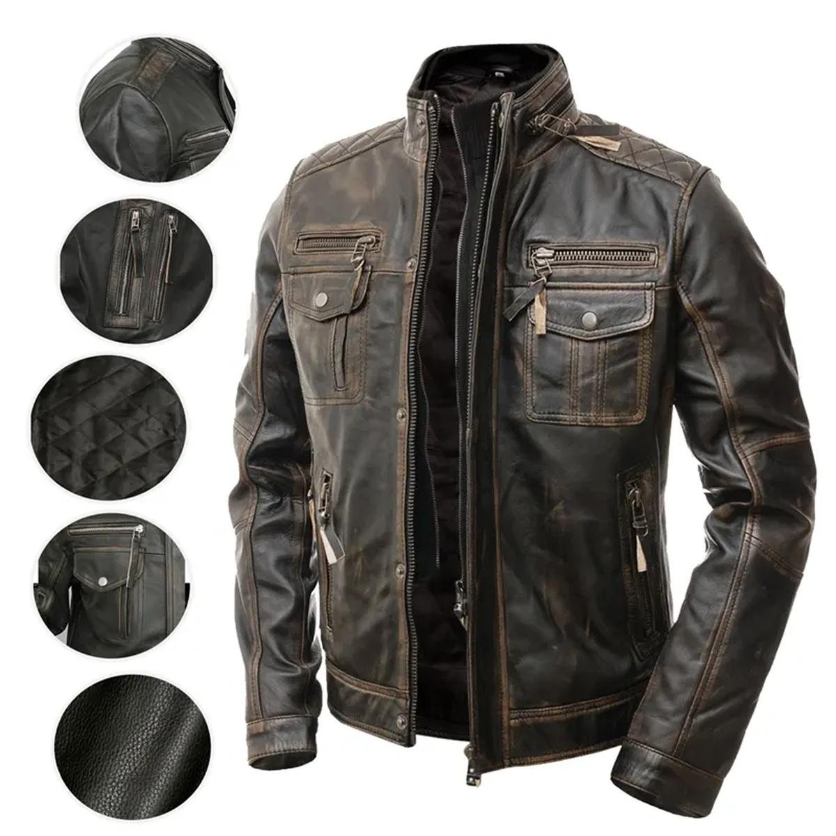 Vintage-Distressed-Brown-Cafe-Racer-Real-Leather-Jacket.jpeg Giacca da motociclista in pelle marrone anticata da uomo, modello Café Racer