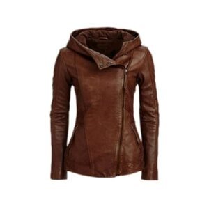 Giacca con cappuccio in pelle marrone da donna
