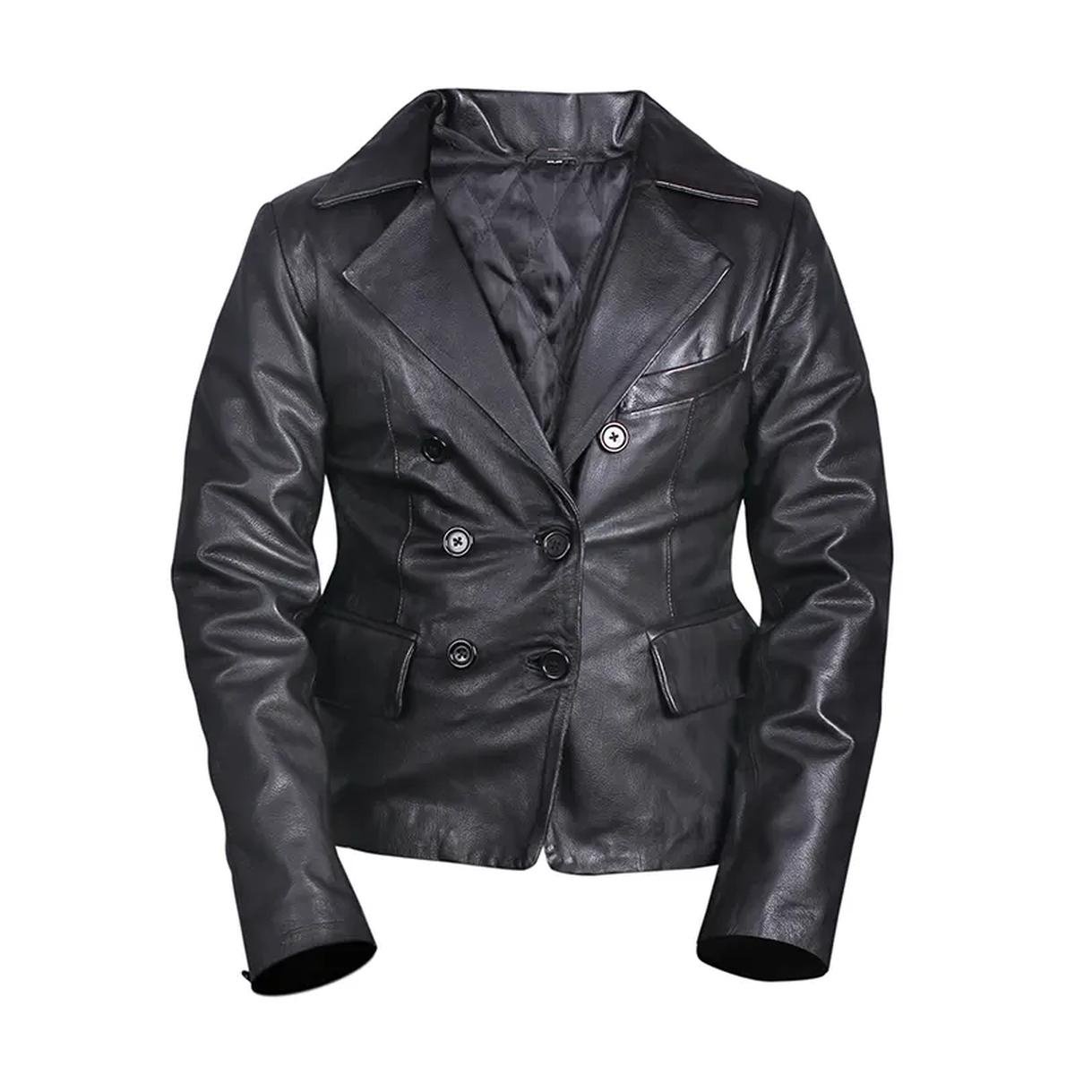 Womens-Double-Breasted-Black-Leather-Blazer.jpeg Blazer doppiopetto in pelle nera da donna