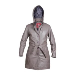 Cappotto in pelle grigio con cappuccio e cintura da donna