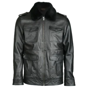 Giacca bomber in pelle con tasca applicata da uomo