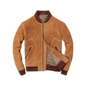 Giubbotto bomber in pelle scamosciata color cuoio da uomo