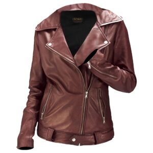 Giacca da motociclista classica in pelle di pecora da donna color marrone