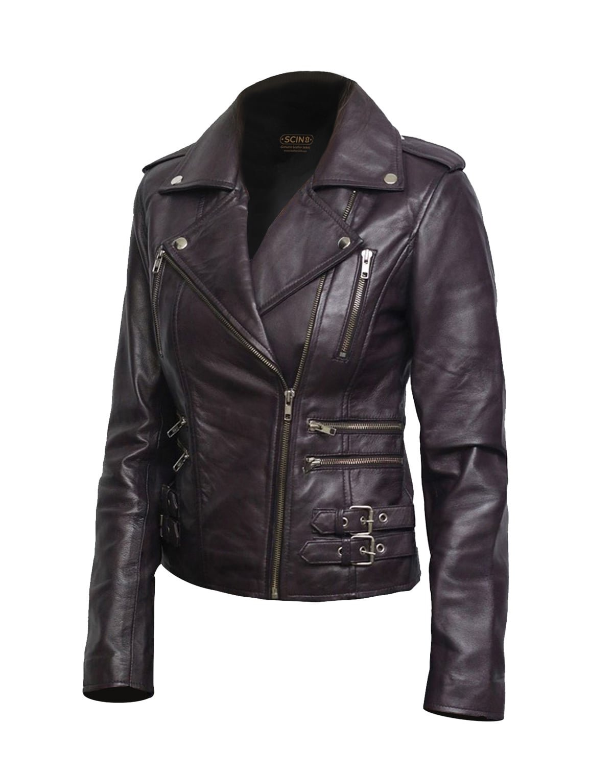 womens-purple-retro-biker-jacket-side.jpg Giacca in pelle da motociclista retrò Elsa