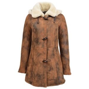 Cappotto duffle da donna in pelle di pecora di media lunghezza marrone vintage – 1