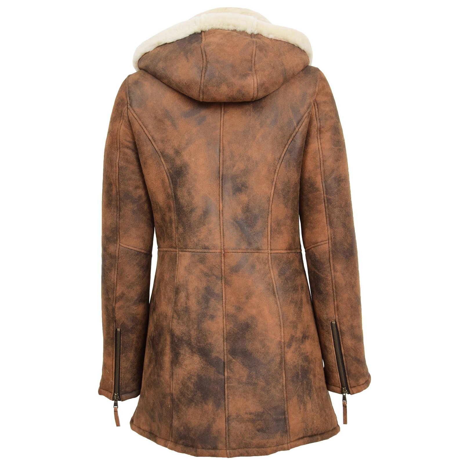 Cappotto duffle da donna in pelle di pecora di media lunghezza marrone vintage – 2