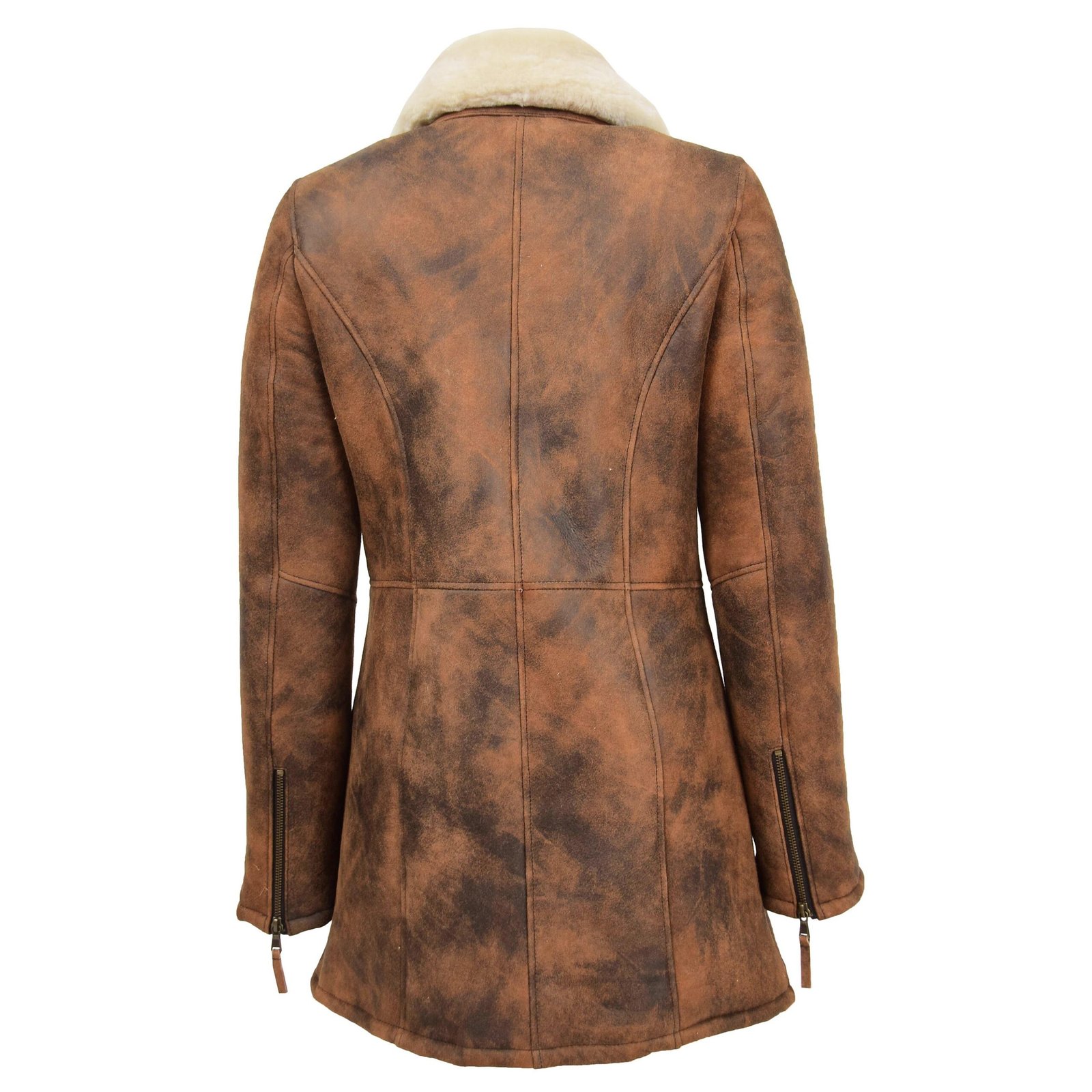 Cappotto duffle da donna in pelle di pecora di media lunghezza marrone vintage – 3