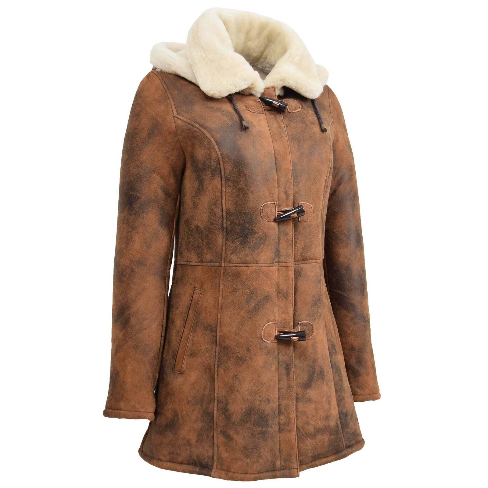 Cappotto duffle da donna in pelle di pecora di media lunghezza marrone vintage – 4