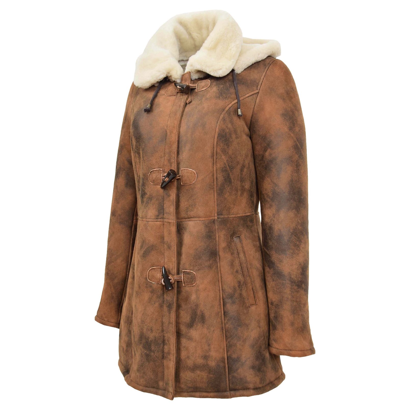 Cappotto duffle da donna in pelle di pecora di media lunghezza marrone vintage – 5