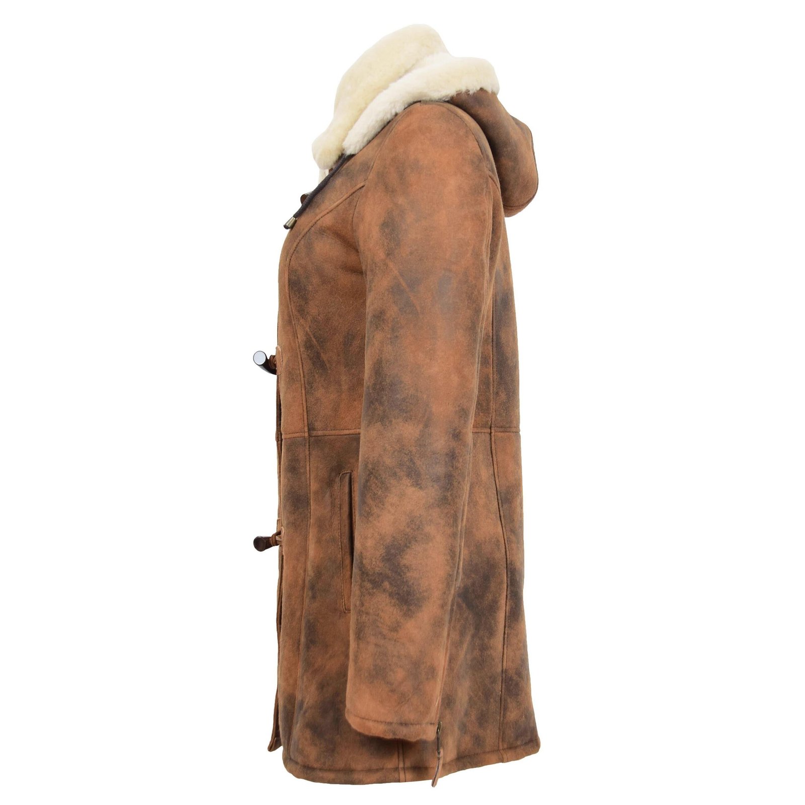 Cappotto duffle da donna in pelle di pecora di media lunghezza marrone vintage – 6
