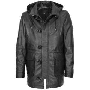 Cappotto duffle in pelle con cappuccio da uomo nero – 1