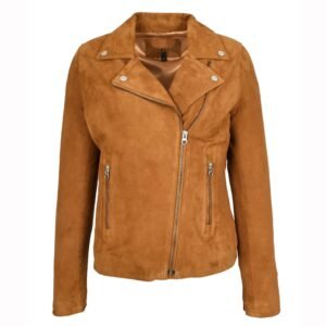 Giacca biker in pelle scamosciata di capra da donna Lola cognac – 1