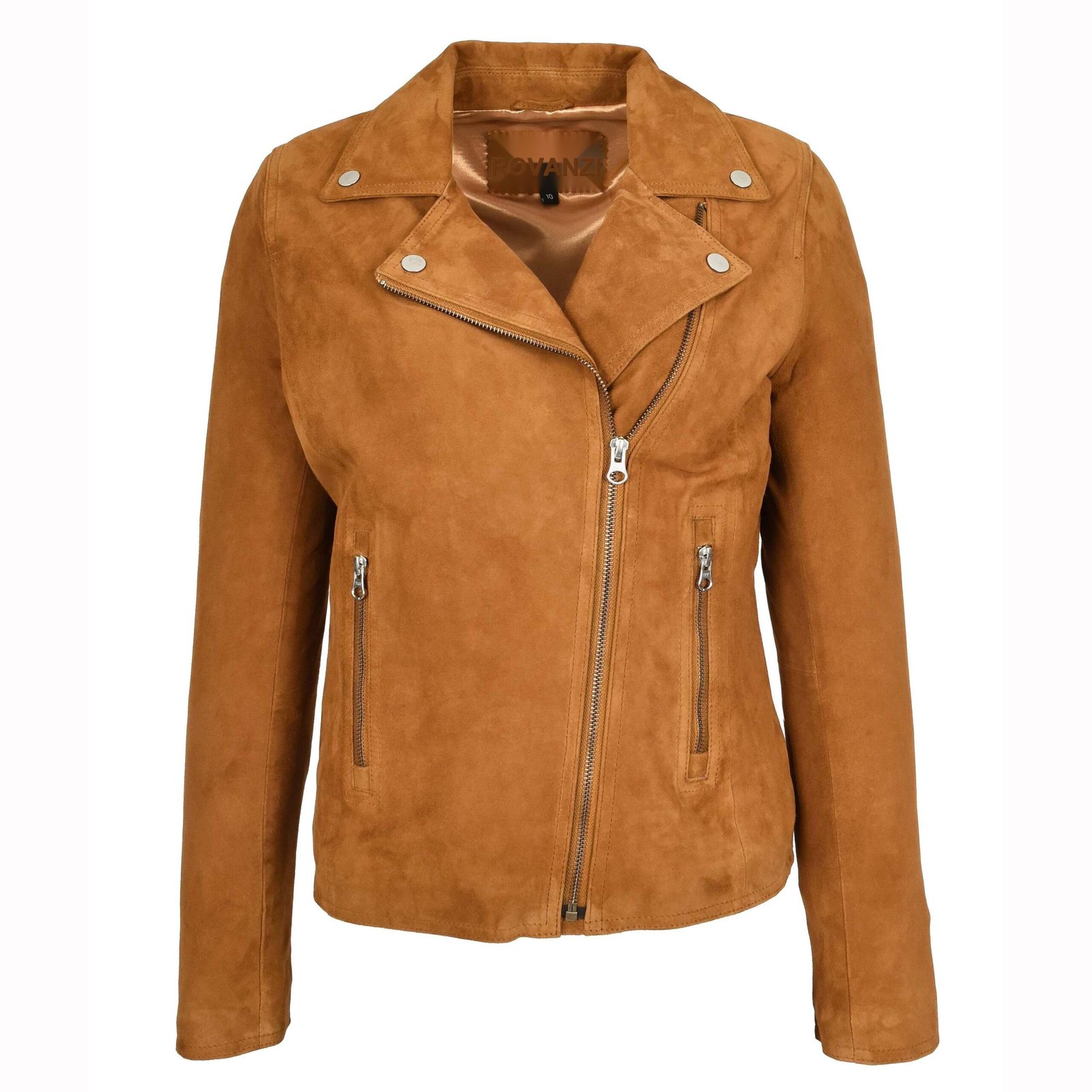 Giacca biker in pelle scamosciata di capra da donna Lola cognac – 1