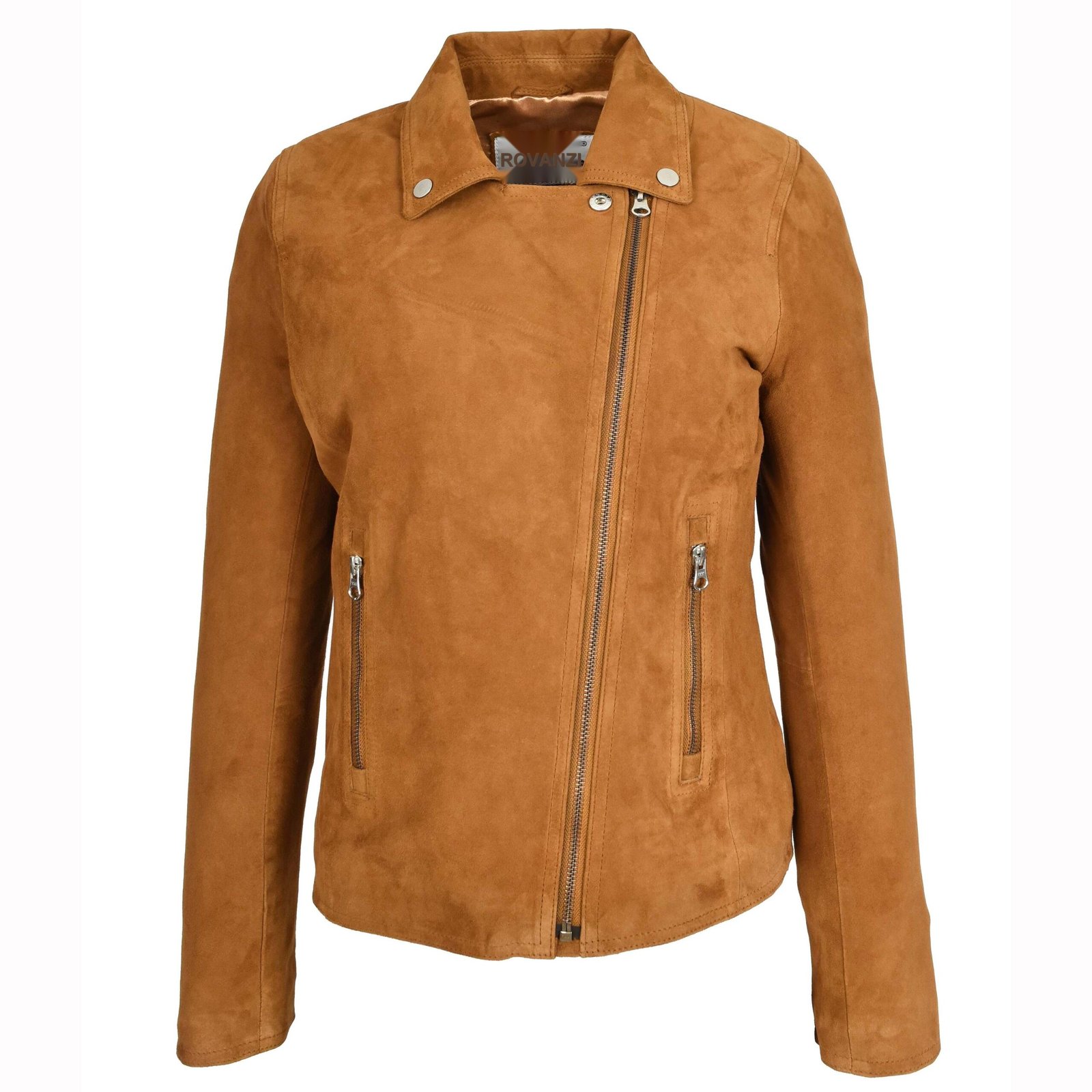 Giacca biker in pelle scamosciata di capra da donna Lola cognac – 4