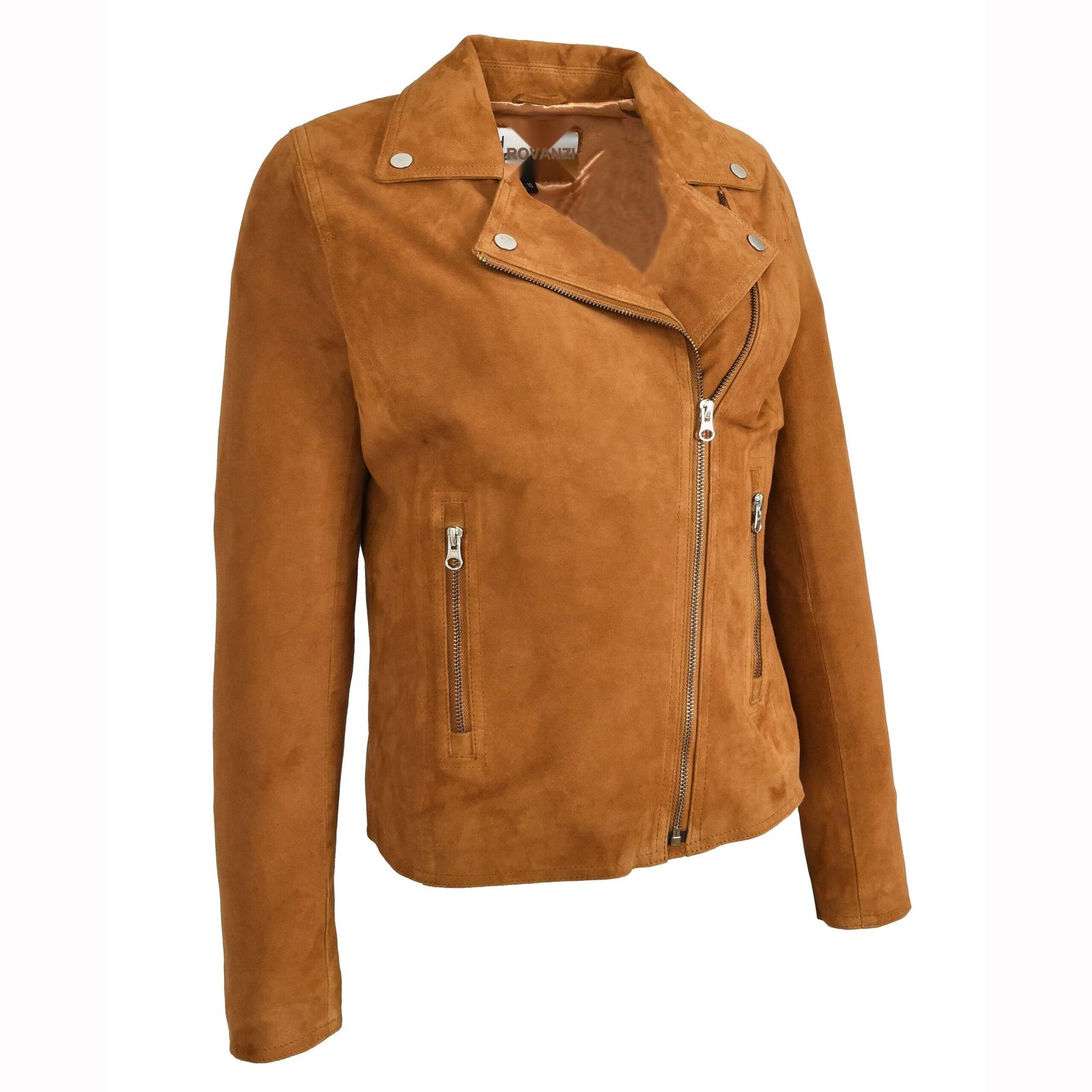 Giacca biker in pelle scamosciata di capra da donna Lola cognac – 5