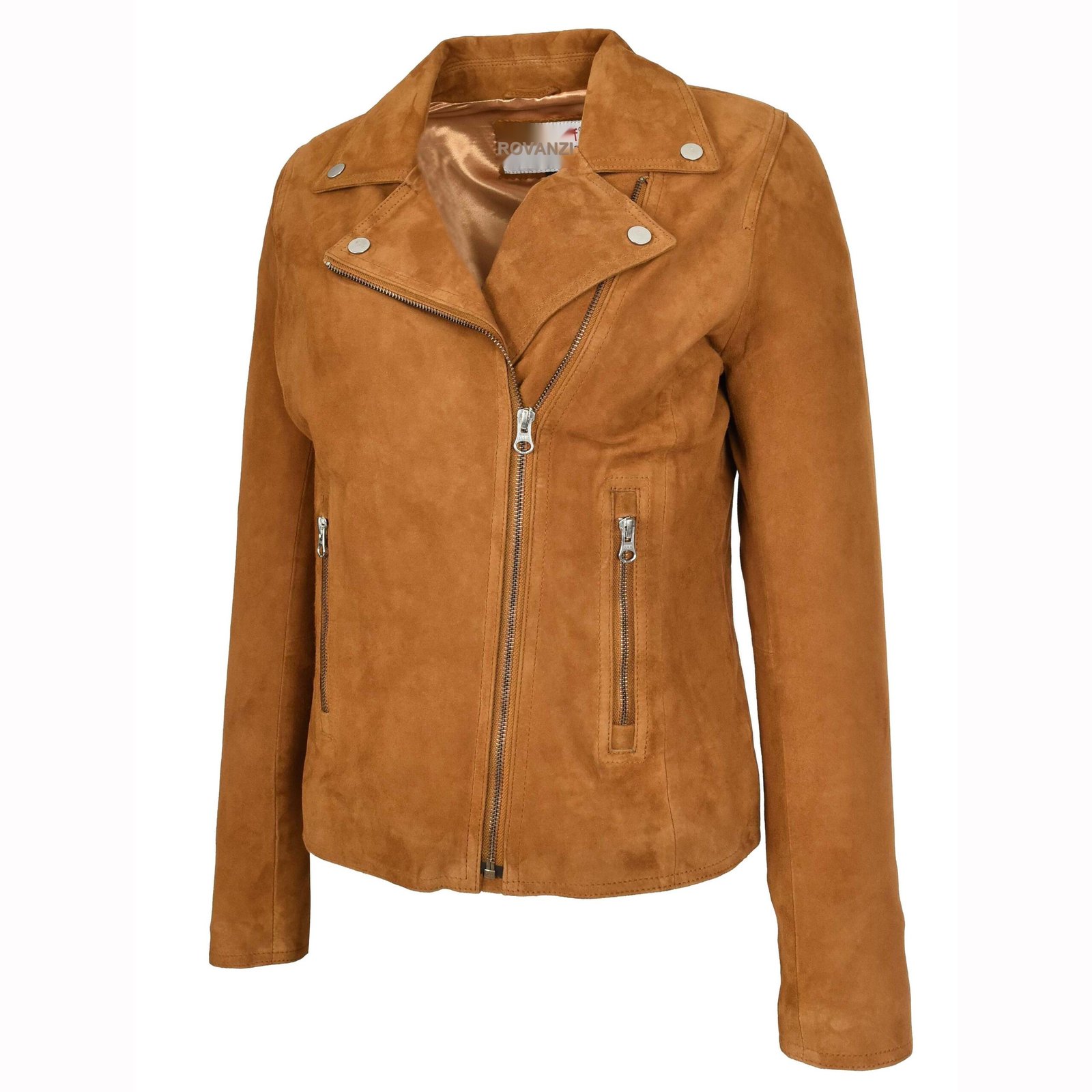 Giacca biker in pelle scamosciata di capra da donna Lola cognac – 6