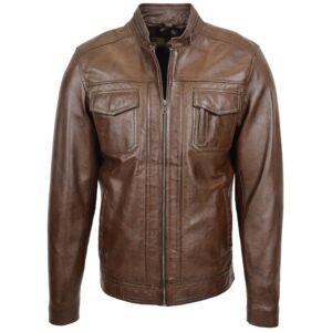 Giacca in pelle biker casual da uomo Jaime marrone timber – 1