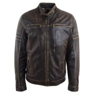 Giacca in pelle biker da uomo effetto vintage rub-off Ricky marrone – 1
