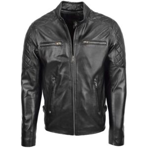 BUNERI Giacca Uomo Pelle Stile Biker con Dettaglio Trapuntato Nero