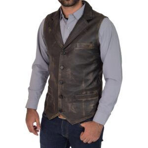 BUNERI Gilet in Pelle con Bottoni da Uomo Finitura Rub Off