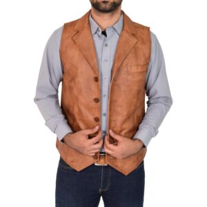 BUNERI Gilet in Vera Pelle Calvin Cuoio Abbottonato