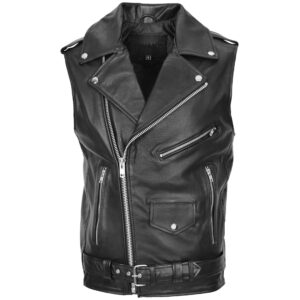 BUNERI Gilet Uomo in Vera Pelle Stile Biker Brando Nero