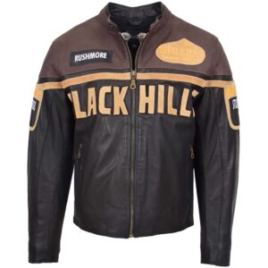 BUNERI Black Hills Giubbotto in Pelle da Uomo Marrone con Toppe da Corsa