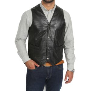BUNERI Gilet in Pelle Nera Tradizionale da Uomo