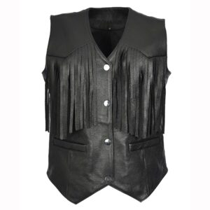 BUNERI Gilet Biker in Vera Pelle Vacchetta Raven Nero con Frange