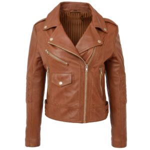 BUNERI Giacca Biker in Pelle Cuoio da Donna Zip Incrociata