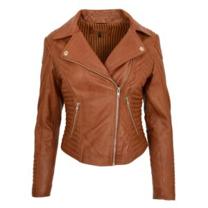 BUNERI Giacca Biker Donna in Vera Pelle Morbida Color Cuoio